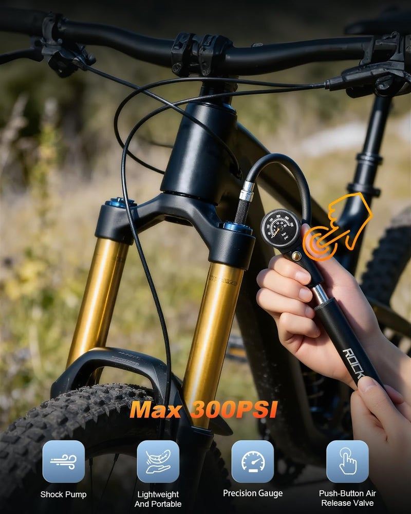 POWVINE Shock Pump for Bike,Portable Frame Pump with 300PSI,High Pressure Bike Air Fork/Shock Pump,Mini Pump Fits Presta & Schrader Valve - Image 4